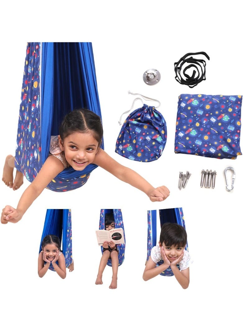 abley's Sensory Therapy Swing, Double-Layered Lycra, Space Pattern Blue with Hardware, Indoor Hanging Hammock for Children with Special Needs - Image 1